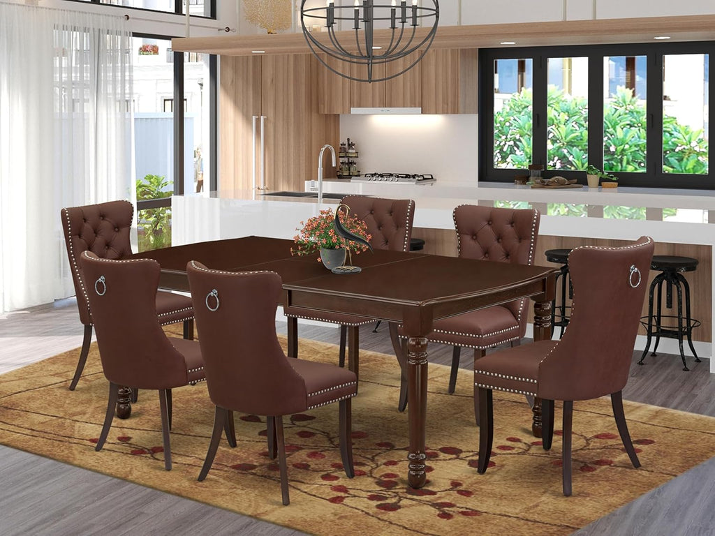 7 Piece Rectangle Wood Dining Table Set with 6 Upholstered Chairs, Mahogany Q8919
