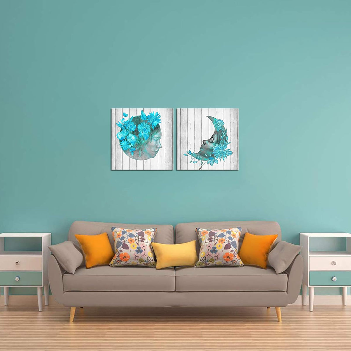 2 Pieces Teal Blue Floral Canvas Print Framed Wall Art W2907