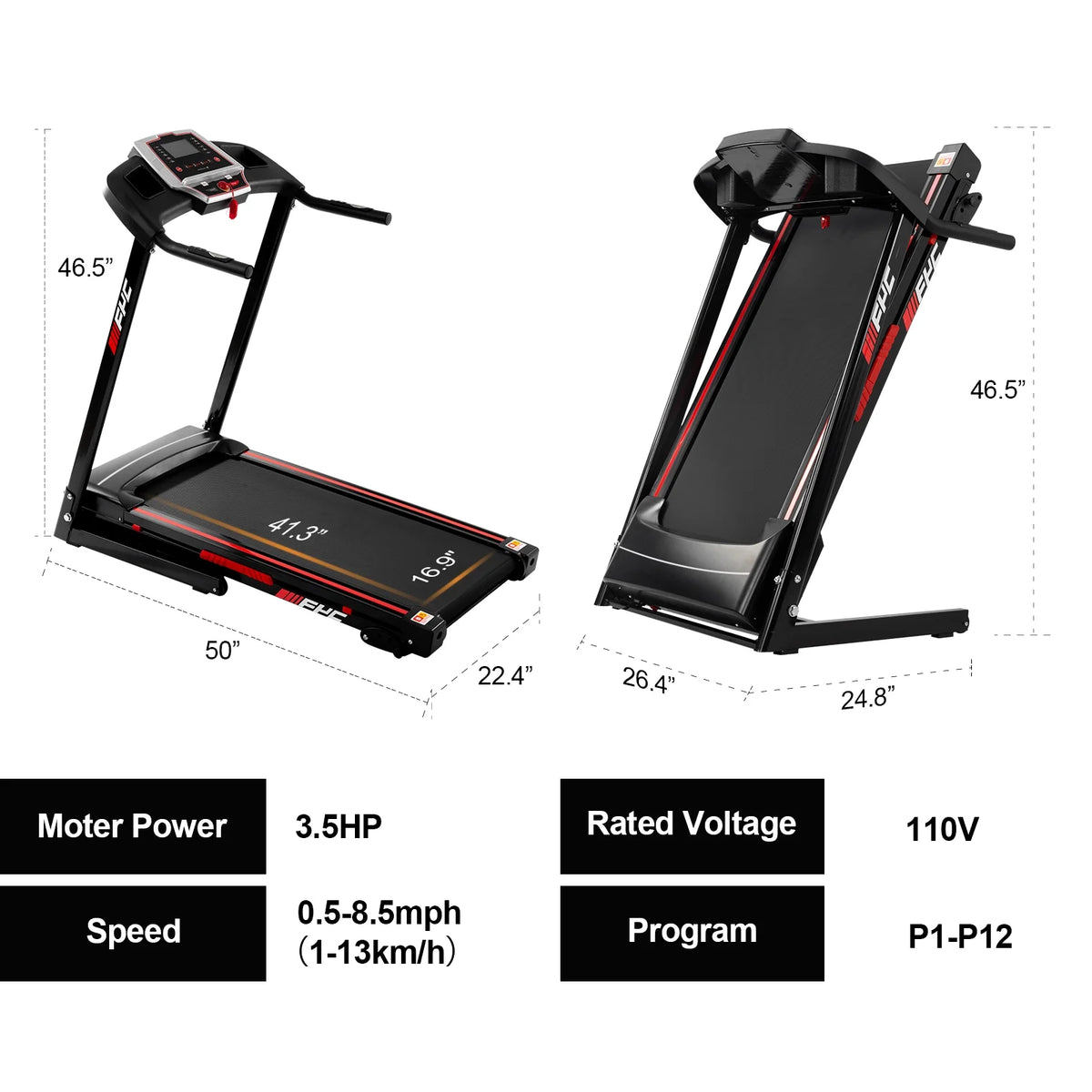 Folding Treadmill Electric 3.5 HP Running Machine with Incline L48784