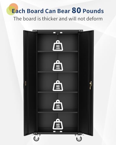 72" H Black Locking Metal Storage Cabinet with Wheels F584584