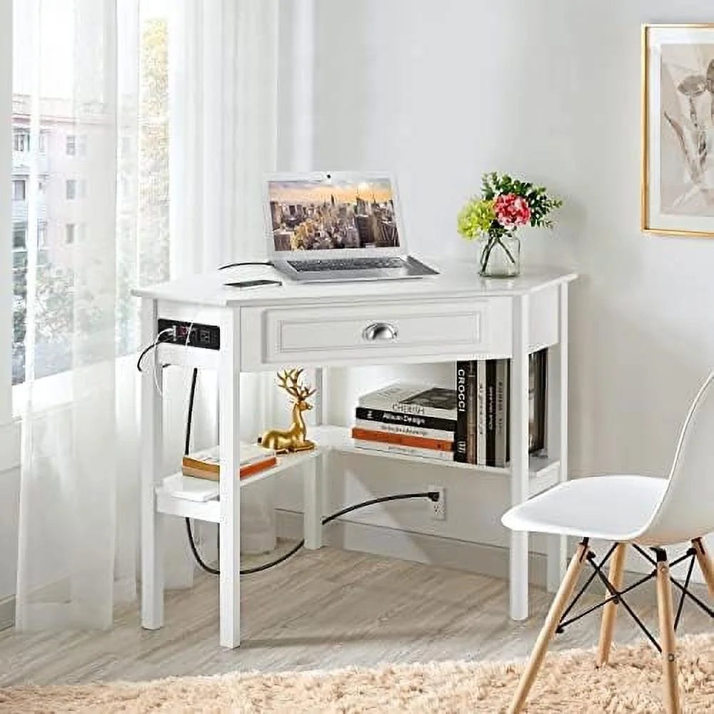 L Shaped Corner Computer Desk with Power Outlets White F356254