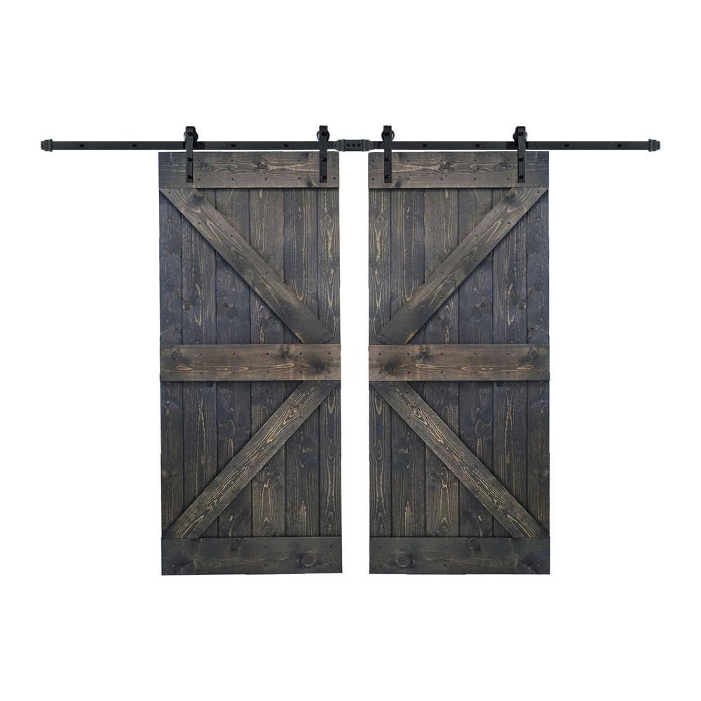 72 in. x 84 in. Carbon Gray Knotty Pine Wood Double Sliding Barn Door with Hardware Kit X1542
