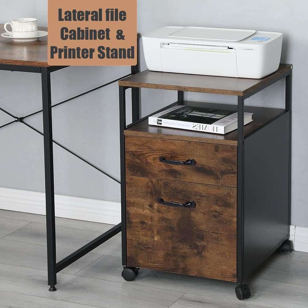 Rolling File Cabinet with 2 Drawers and Open Shelf, Brown and Black O485707