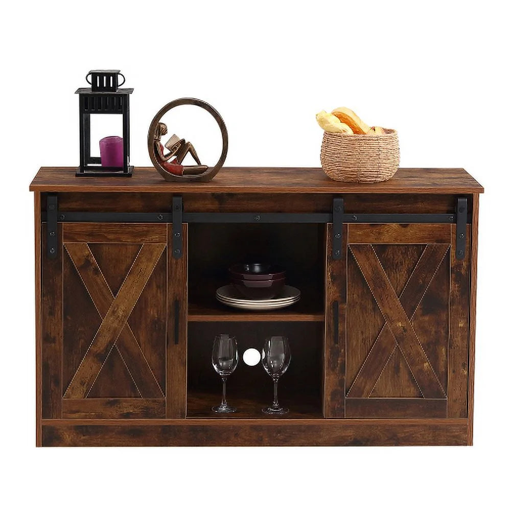 Wooden TV Stand with Storage Cabinet & 2 Sliding Barn Doors N51813