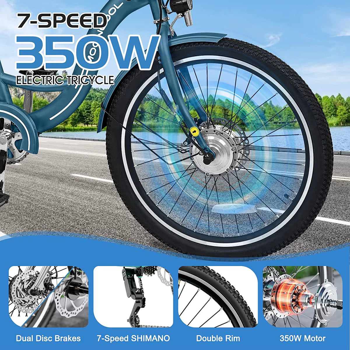 350W 36V 24 Inches 7 Speeds 3 Wheels Electric Tricycle P7654