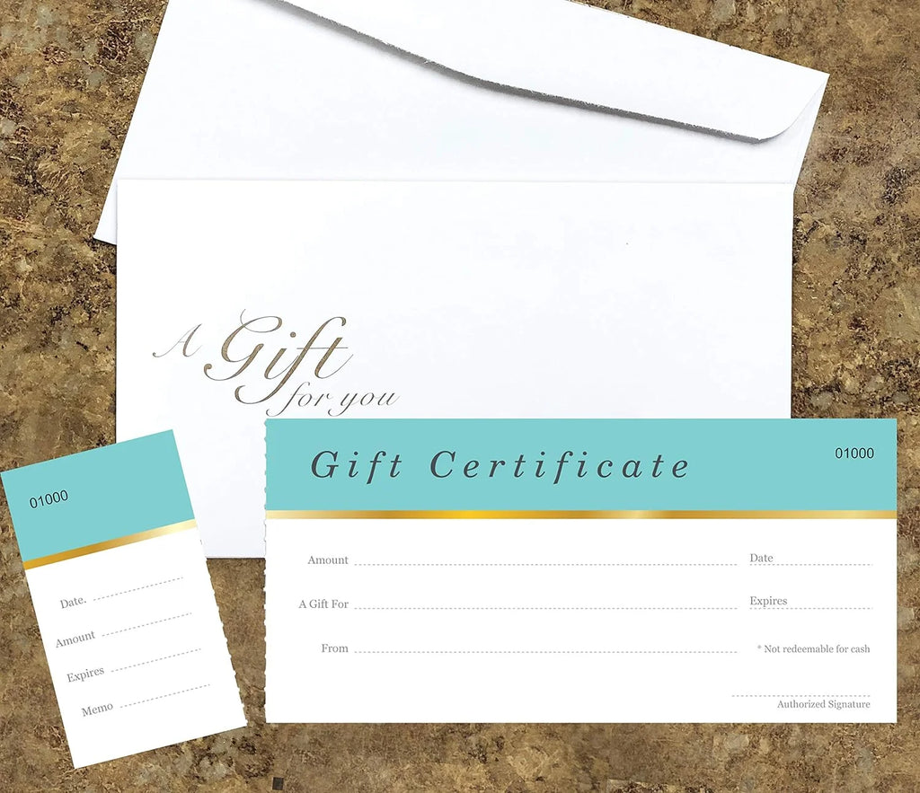 25 Set Aqua Blue Blank Gift Certificates with Matching Envelopes P917179