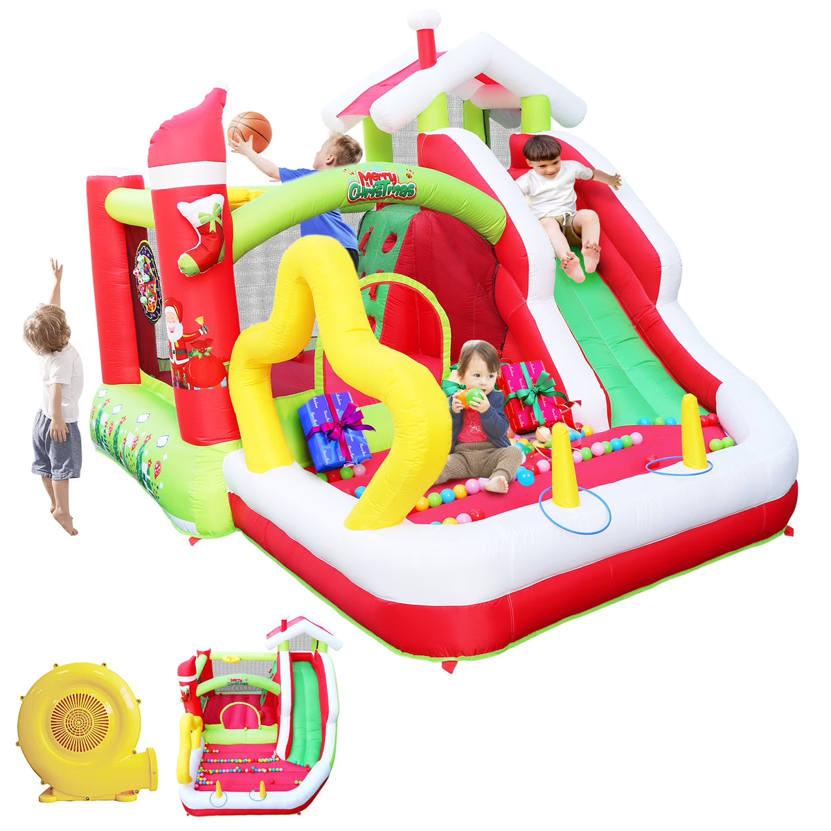 Christmas Jump 'n Slide Inflatable Bouncer with Blower, 130x108x92 inch R541