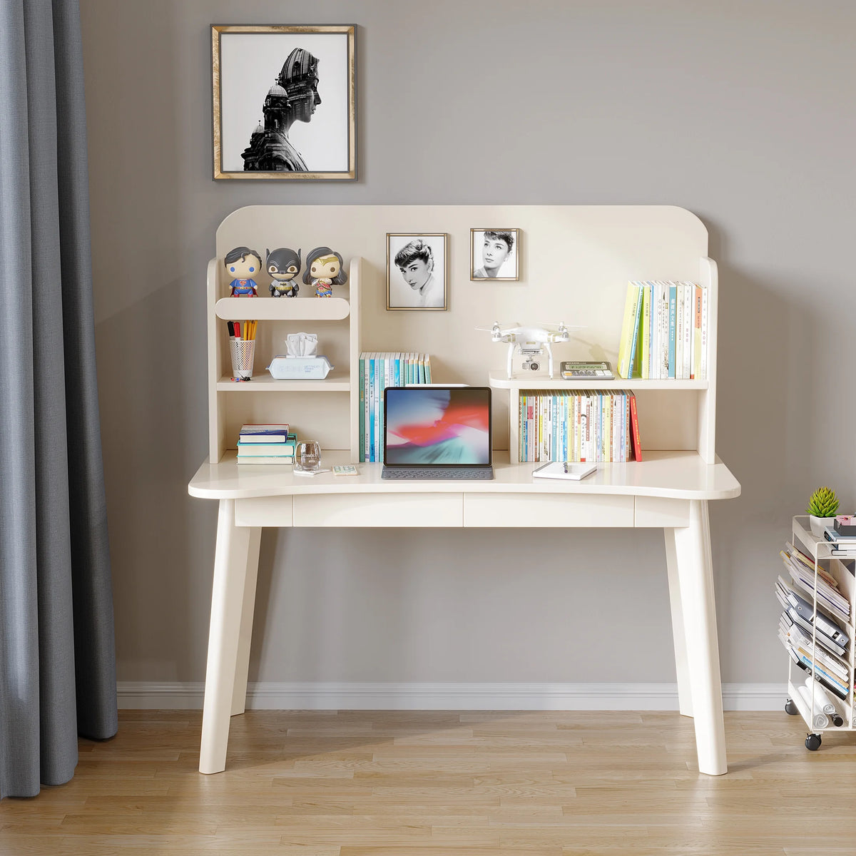 White Wooden Kids Desk with Bookshelf and Two Drawers U191264