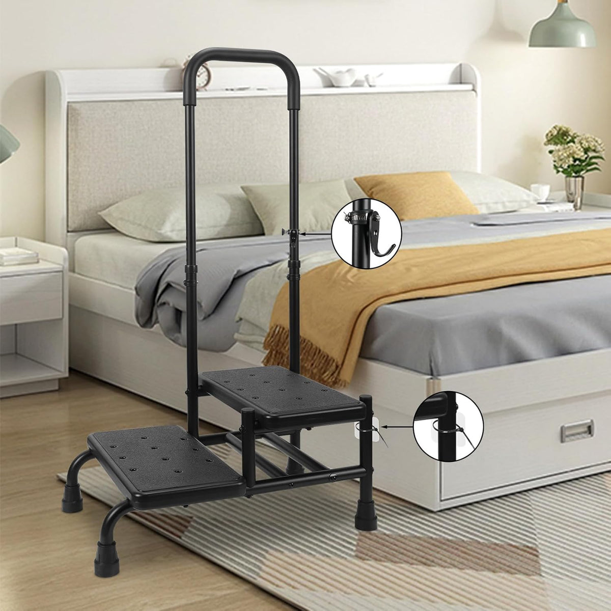 2 Step Stool with Handle, Heavy Duty Step Stool with 4 Fixing Buckle and Adjustable Handrail U1434