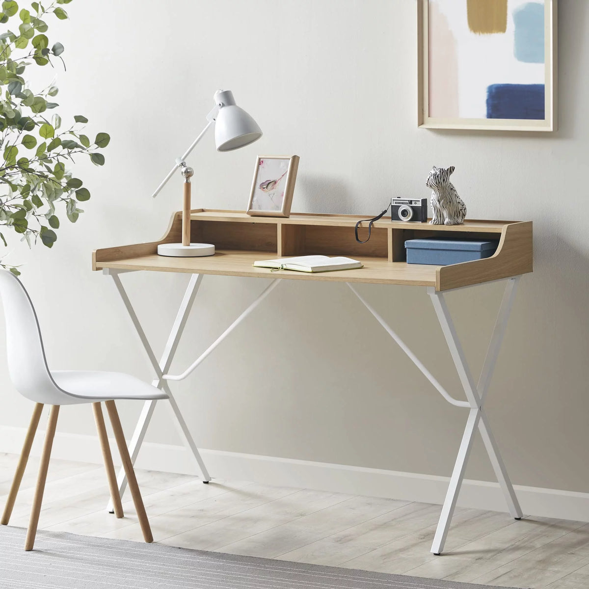 Modern Writing Desk with 3 Built-in Cubbies Storage and Metal Leg in Natural White S60678