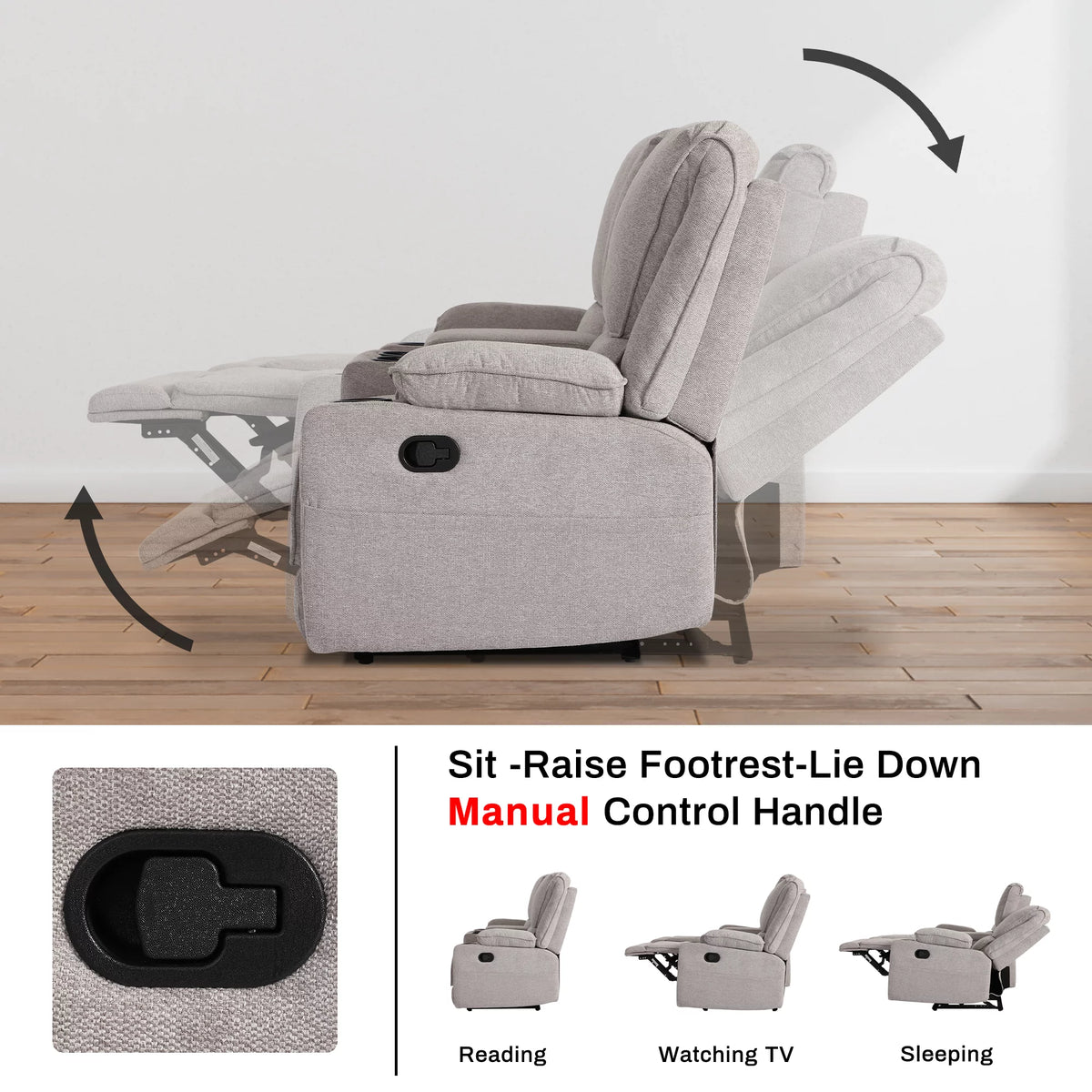Light Gray 2 Seater Manual Reclining Sofa with Cup Holders Y67177