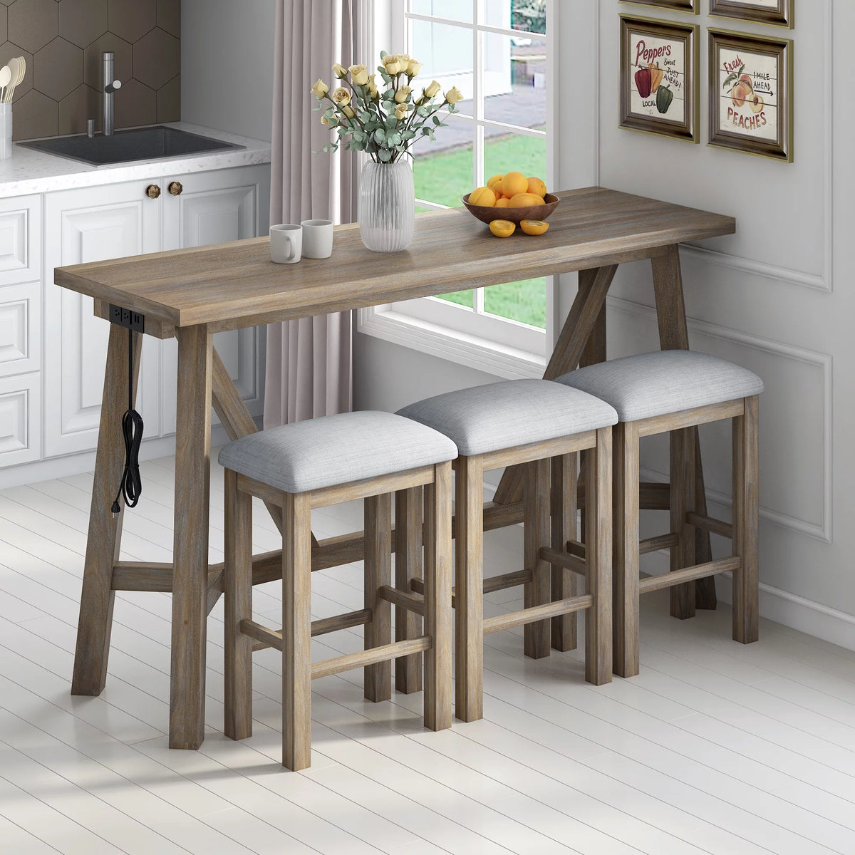 Natural Wood Wash Dining Bar Table Set with 3 Upholstered Stools P517029