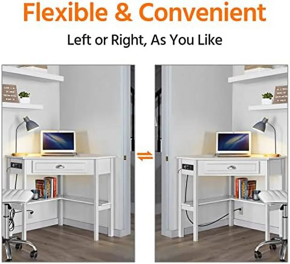 L Shaped Corner Computer Desk with Power Outlets White F356254