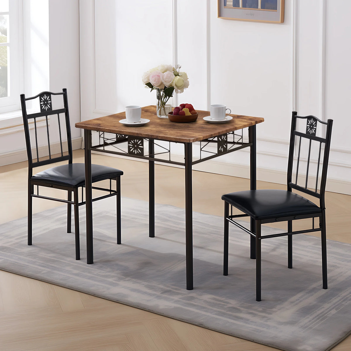 3-Piece Wooden Dining Table Set with 2 Pu Cushion Chairs O272462