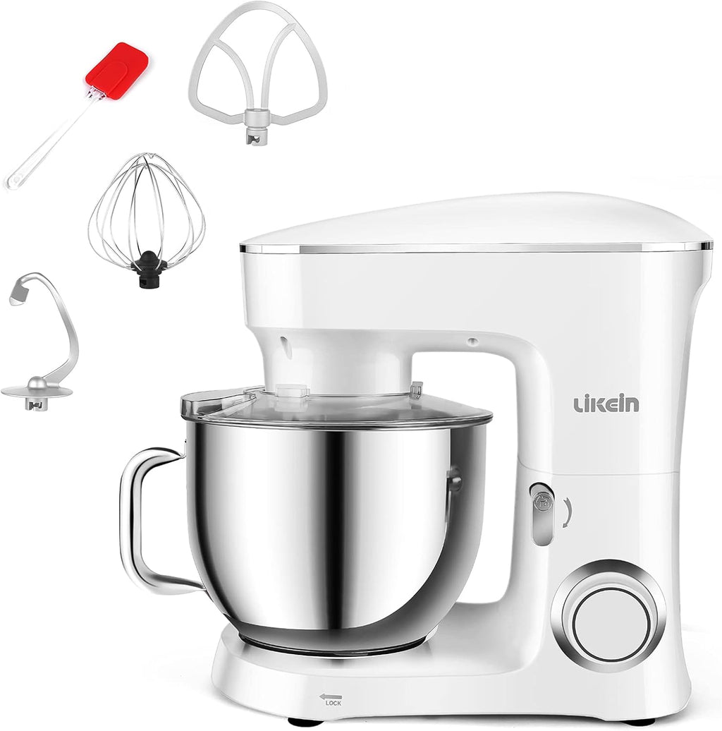 7.4QT 660W White Electric Stand Mixer with Dough Hook, Mixing Beater, Whisk, Splash Guard R148