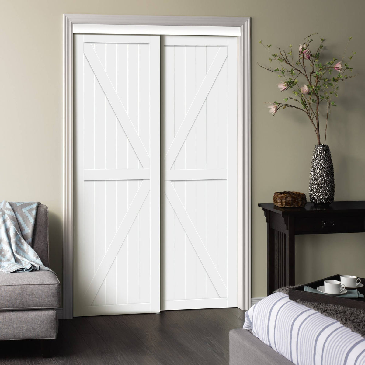 White MDF Wood Sliding Closet Door R107970