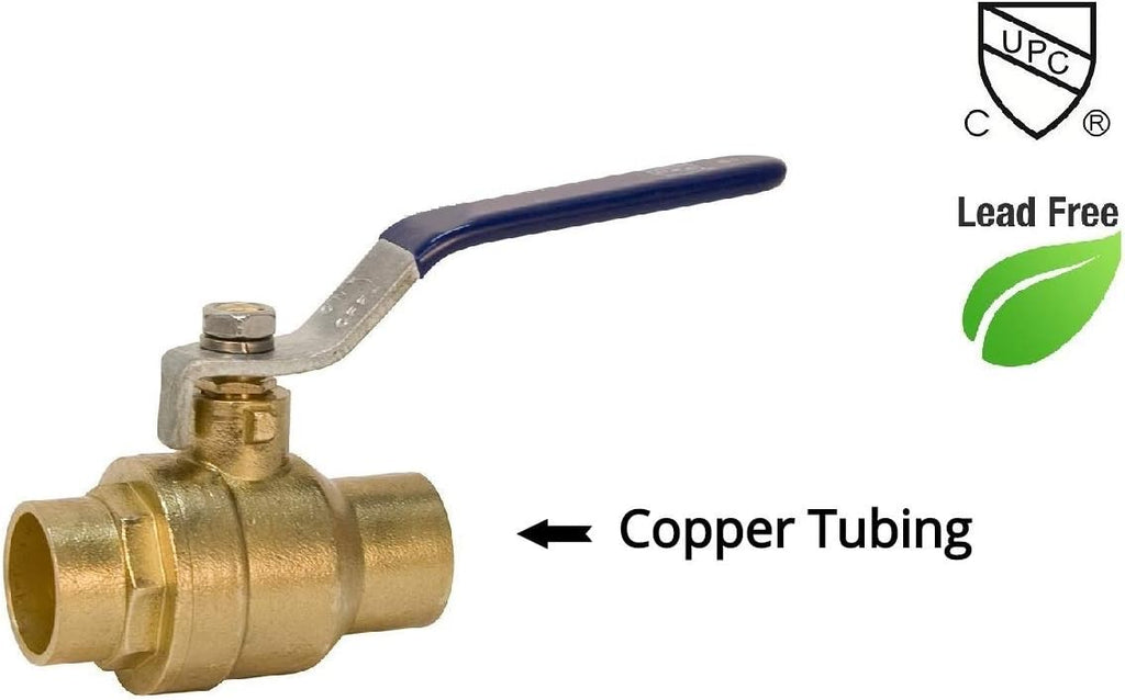 1/2" Sweat Solder C X C Brass Full Port Water Stop Shut Off Ball Valve, Lead Free, Quarter Turn, Pack of 2 S50851