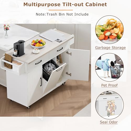 Kitchen Island Cart with Trash Can Storage, Drop Leaf, Drawers, Adjustable Shelves, Lockable Wheels M305280
