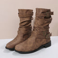 Buckle-Accented Mid-Calf Flat Boots I1729