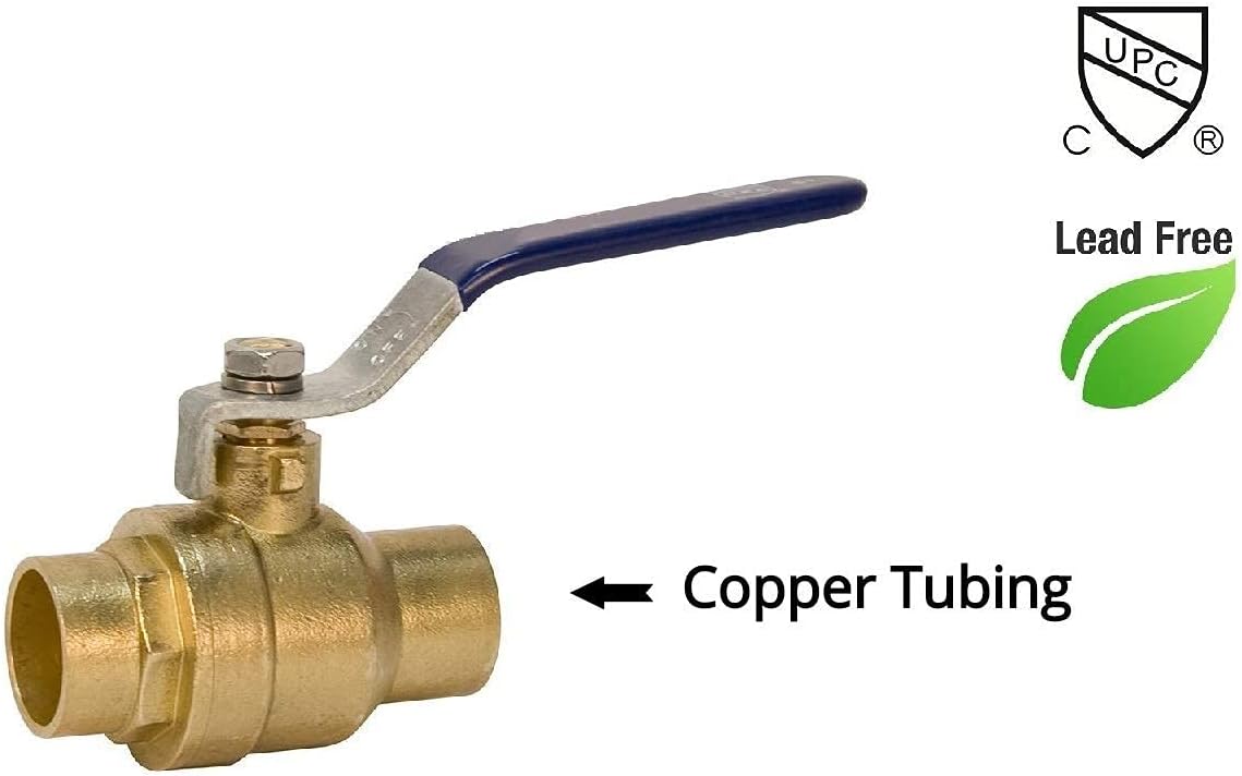 1/2" Sweat Solder C X C Brass Full Port Water Stop Shut Off Ball Valve, Lead Free, Quarter Turn, Pack of 2 S50851