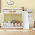 White Twin Over Full Bunk Bed with Slide and Storage Staircase D83386