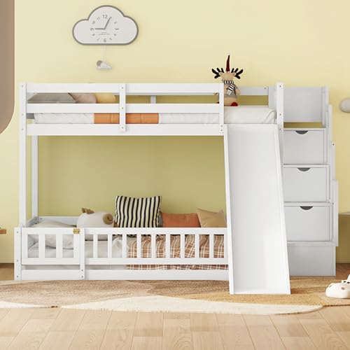 White Twin Over Full Bunk Bed with Slide and Storage Staircase D83386