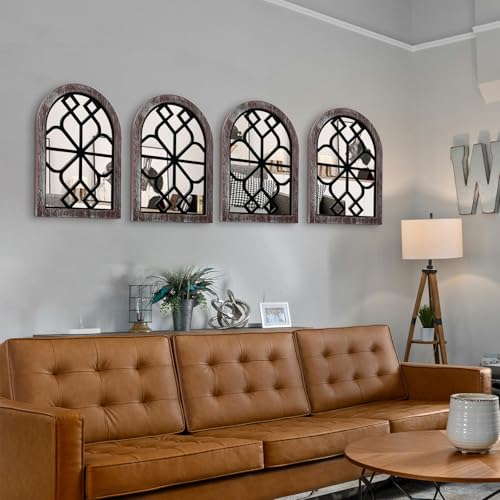 4 Set Arched Window Mirror Wall Decor, Wood Framed Distressed White E428