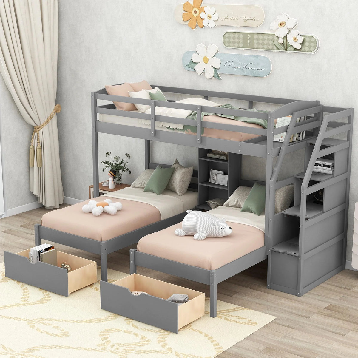Twin over Twin & Twin Wood Triple Bunk Bed with Stairs and 2 Storage Drawers J406362