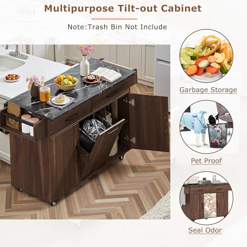 Kitchen Island Cart with Trash Can Storage, Drop Leaf, Drawers, Adjustable Shelves, Lockable Wheels M305280
