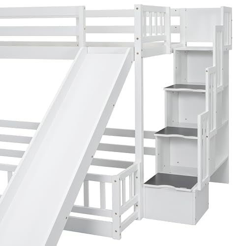 White Twin Over Full Bunk Bed with Slide and Storage Staircase D83386