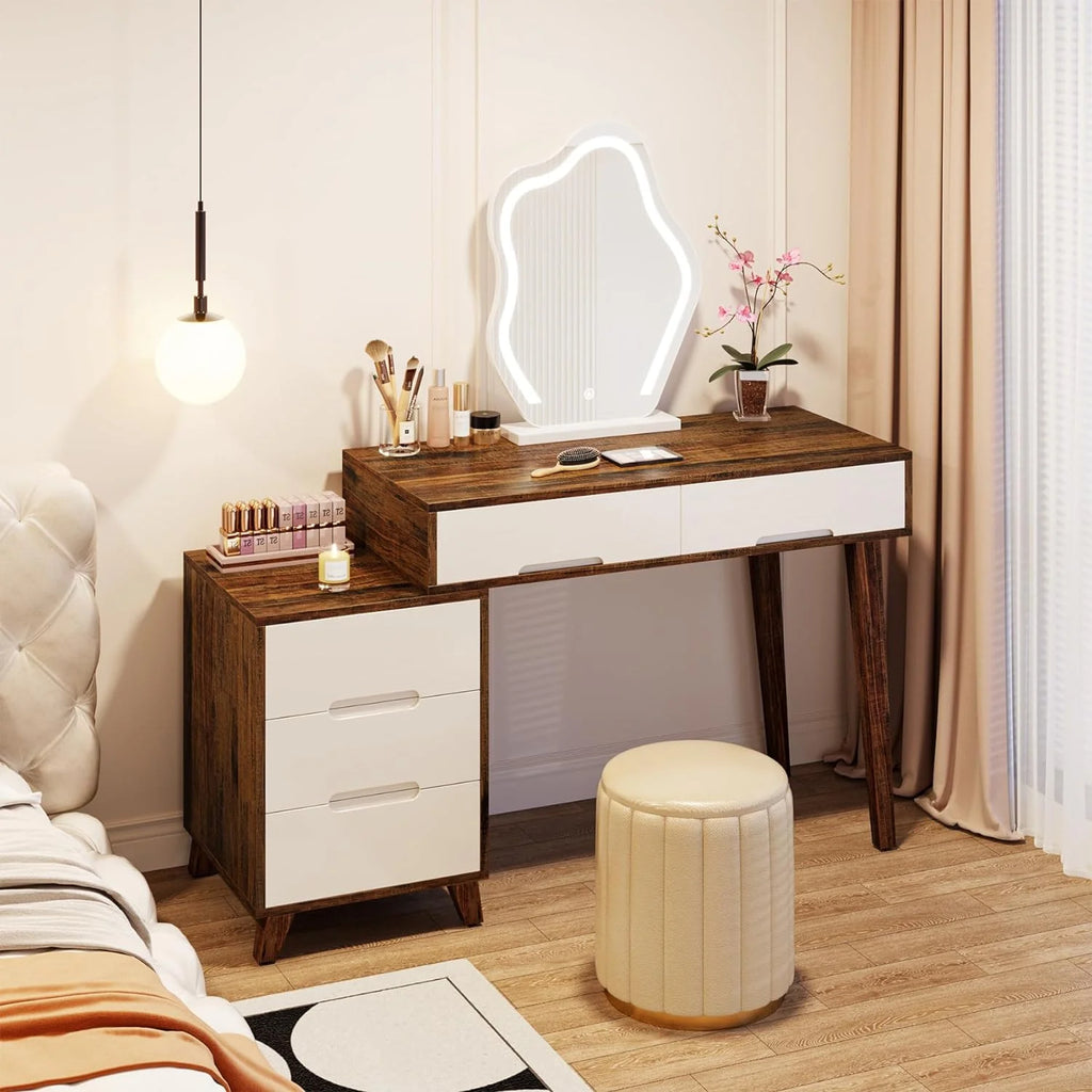 Modern Computer Desk with 5 Drawers, Reversible Study Writing Table, Brown & White M2439