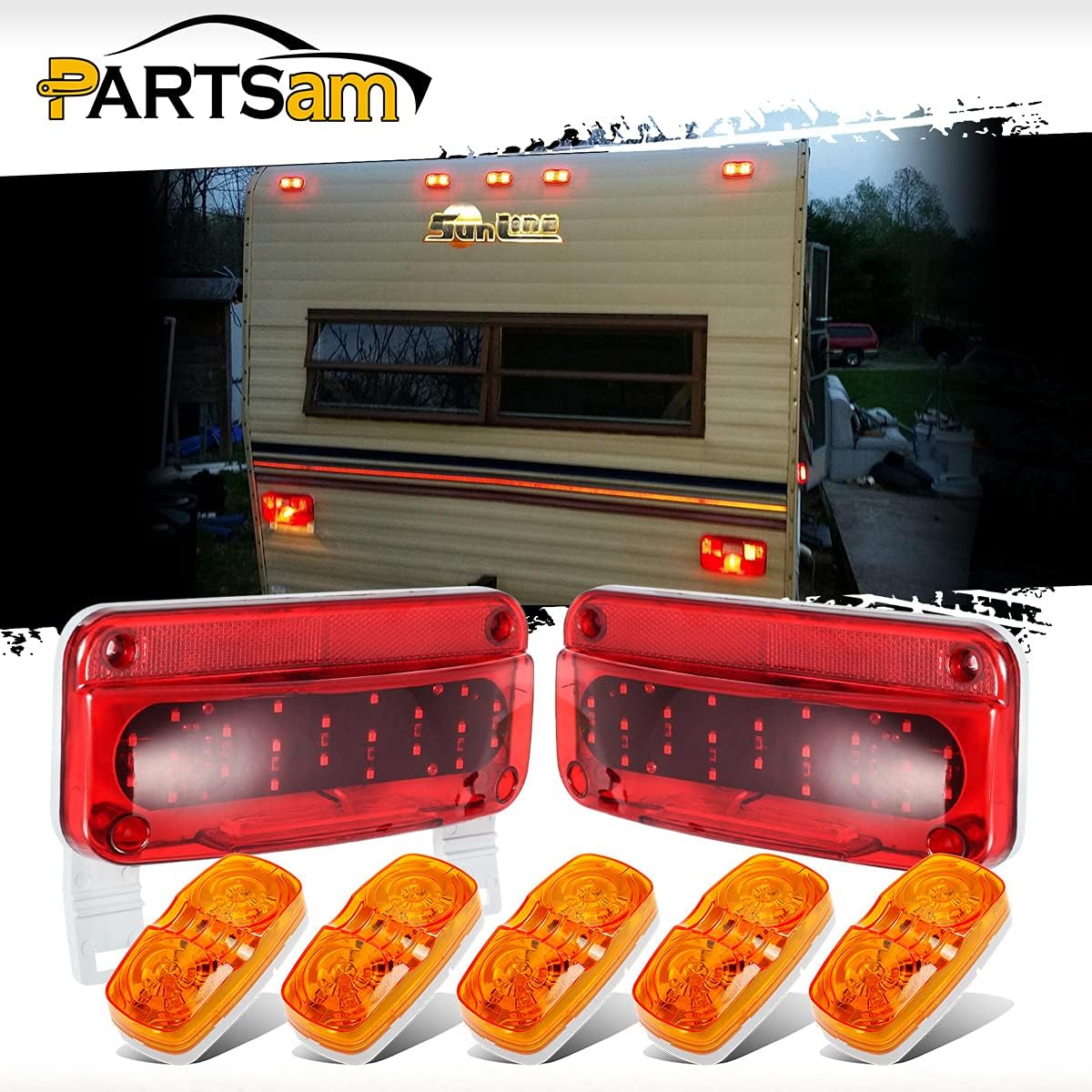 12V LED RV Camper Trailer Tail Light Kit, 5X Amber Double Bullseye LED Side Marker Clearance Lights, Red LED Stop Turn Brake Tail Lights, White Base Pack of 2 A44468