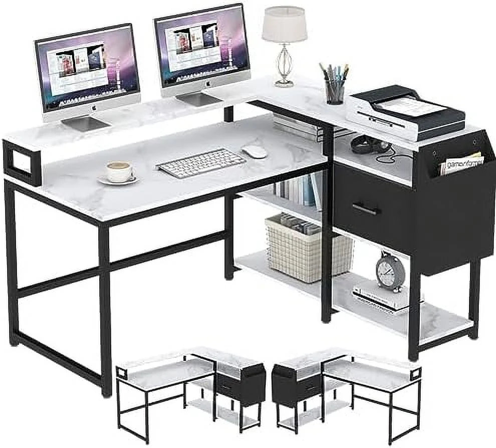Reversible L Shaped Desk with Drawer 55" W x 41" D Industrial Corner Computer Desk with 4 Tier Shelves M42676