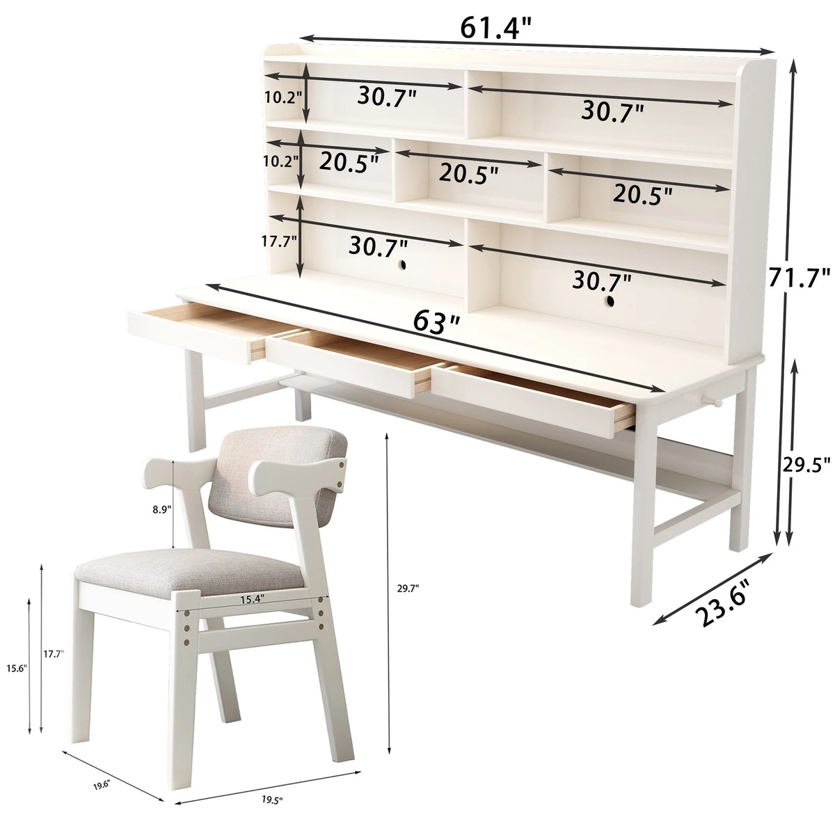 White Wooden Kids Desk and Chair Set with Hutch U480507