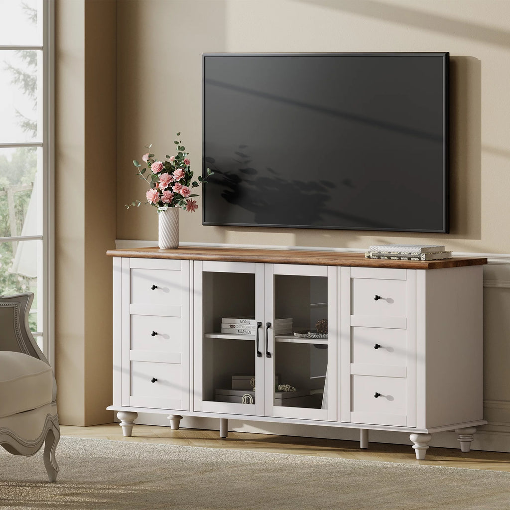 4-Door Glass and Wood TV Stand with 4 Storage Cabinets R768