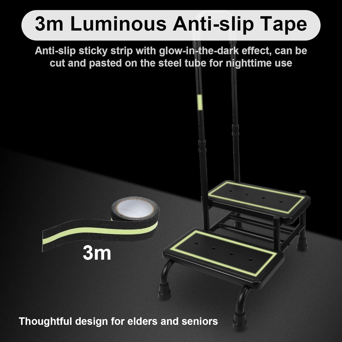 2 Step Stool with Handle, Heavy Duty Step Stool with 4 Fixing Buckle and Adjustable Handrail U1434