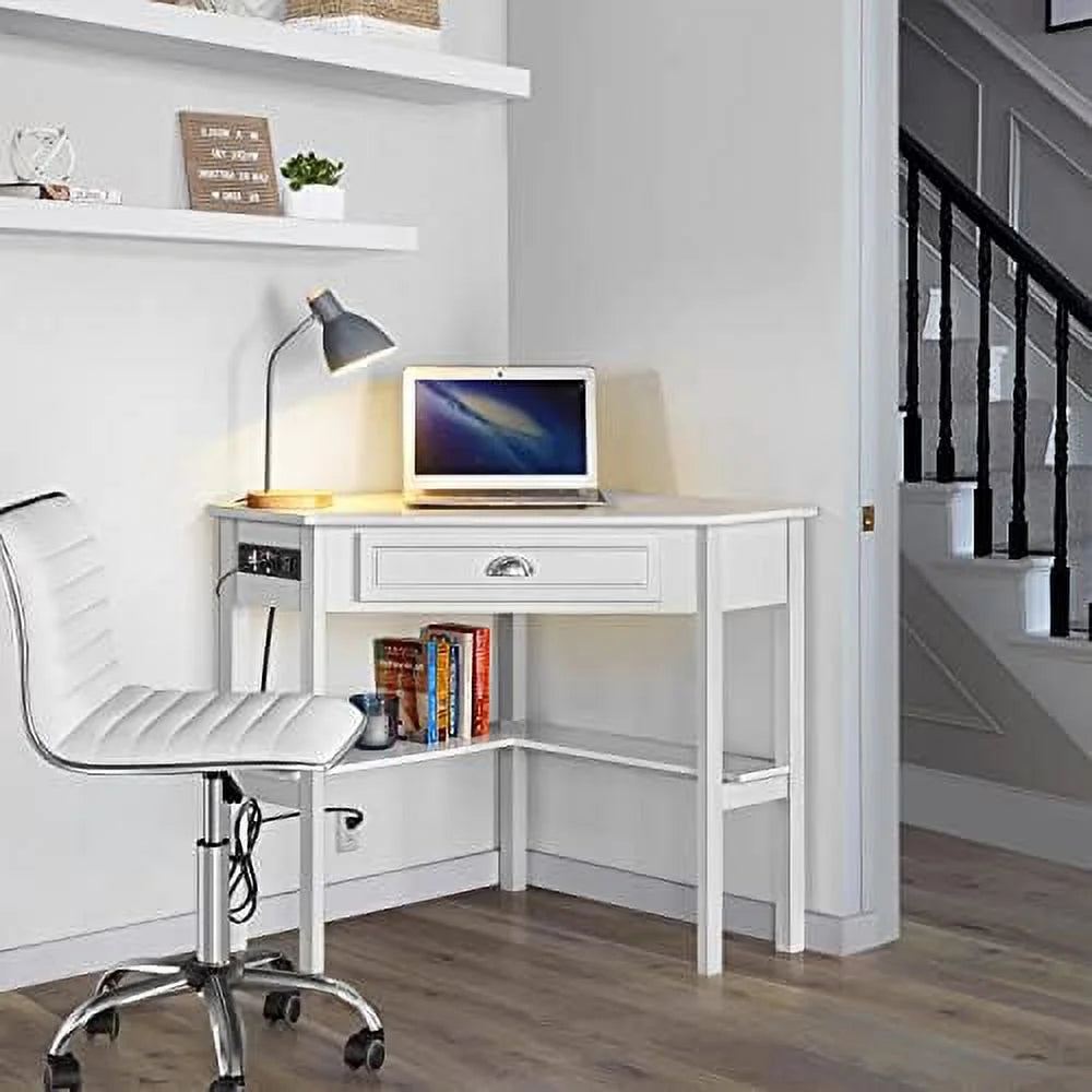 L Shaped Corner Computer Desk with Power Outlets White F356254