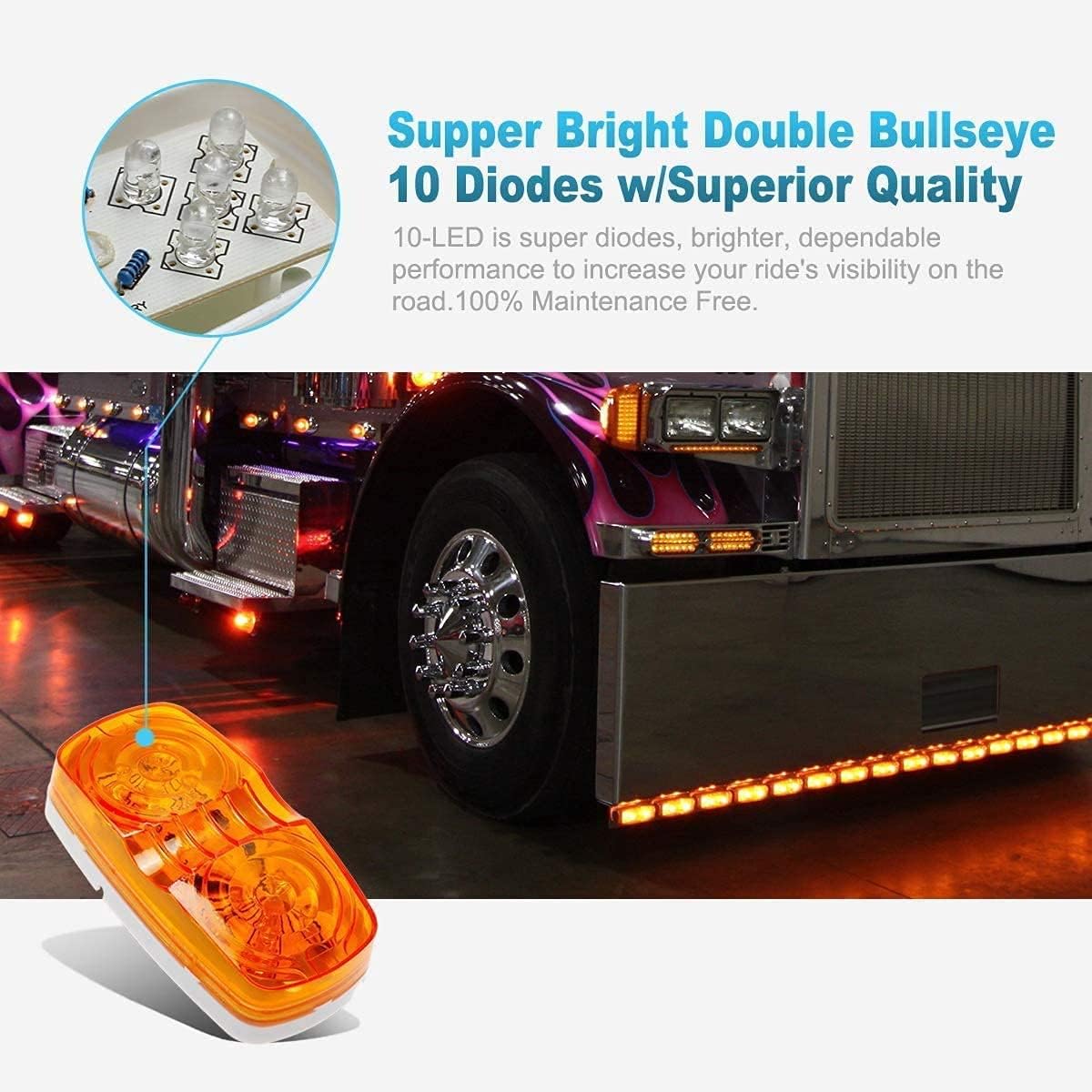 12V LED RV Camper Trailer Tail Light Kit, 5X Amber Double Bullseye LED Side Marker Clearance Lights, Red LED Stop Turn Brake Tail Lights, White Base Pack of 2 A44468