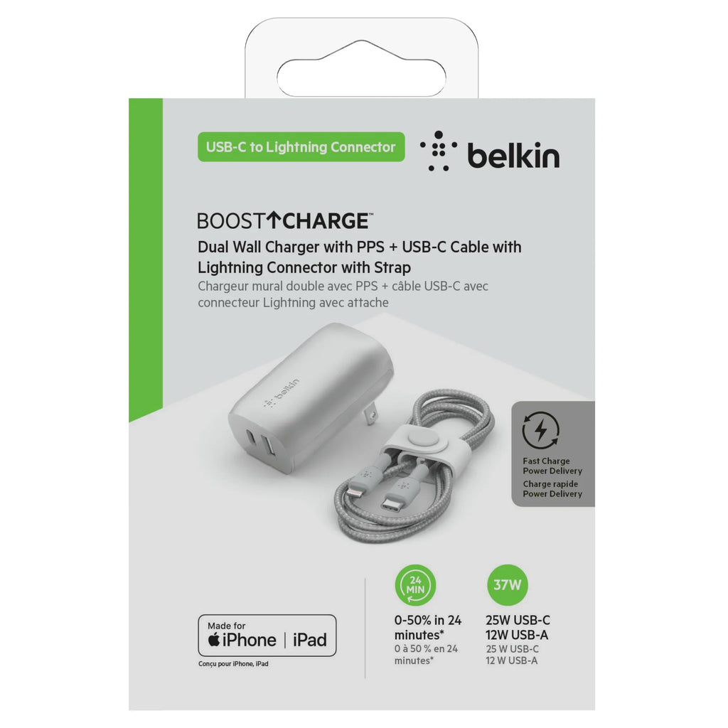 37W Dual Wall Charger USB-C to Lightning Cable Silver M184114
