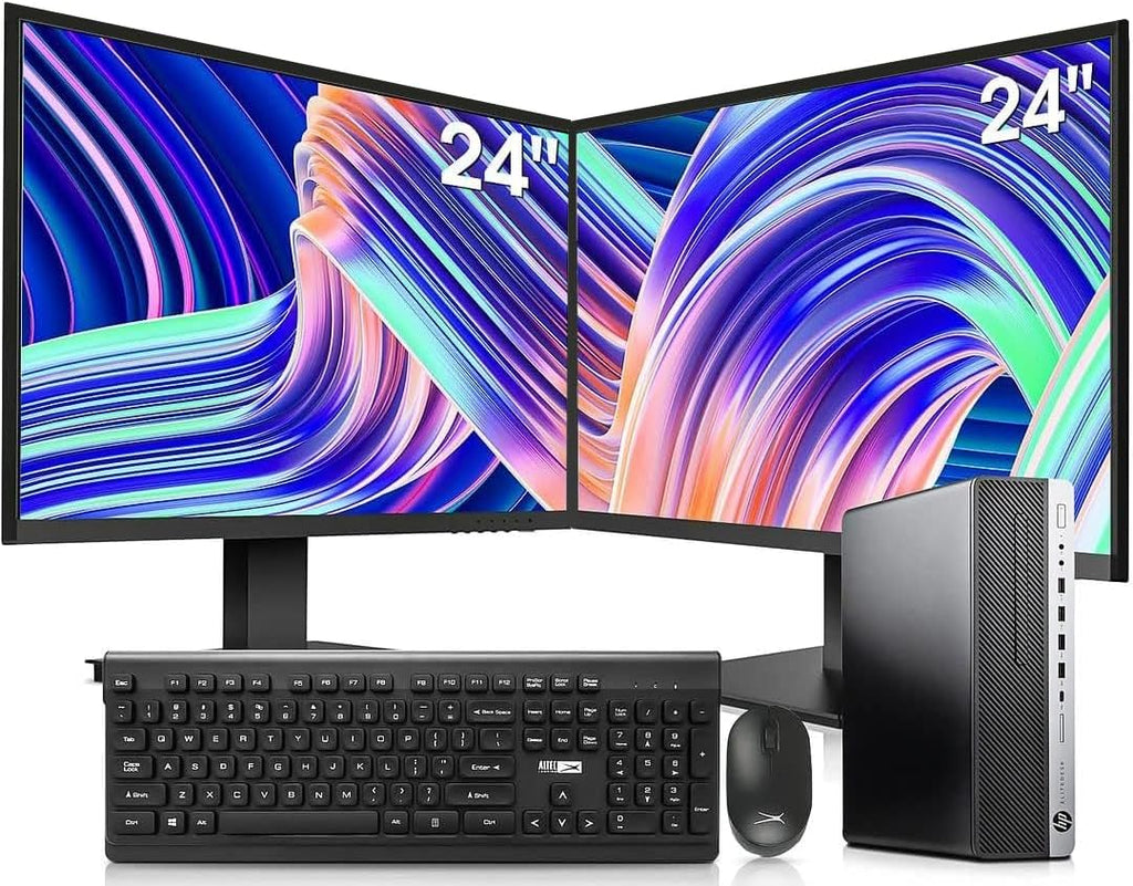 Desktop PC Intel i7-6700 32GB DDR4 1TB NVMe SSD 2TB HDD Dual 24-Inch Monitors Wireless Keyboard and Mouse Win 10 Pro Black Silver K7013