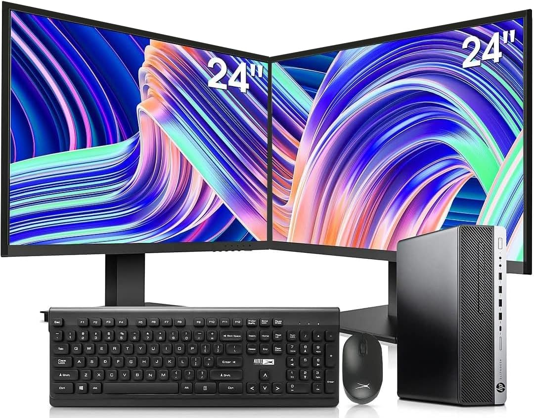 Desktop PC Intel i7-6700 32GB DDR4 1TB NVMe SSD 2TB HDD Dual 24-Inch Monitors Wireless Keyboard and Mouse Win 10 Pro Black Silver K7013