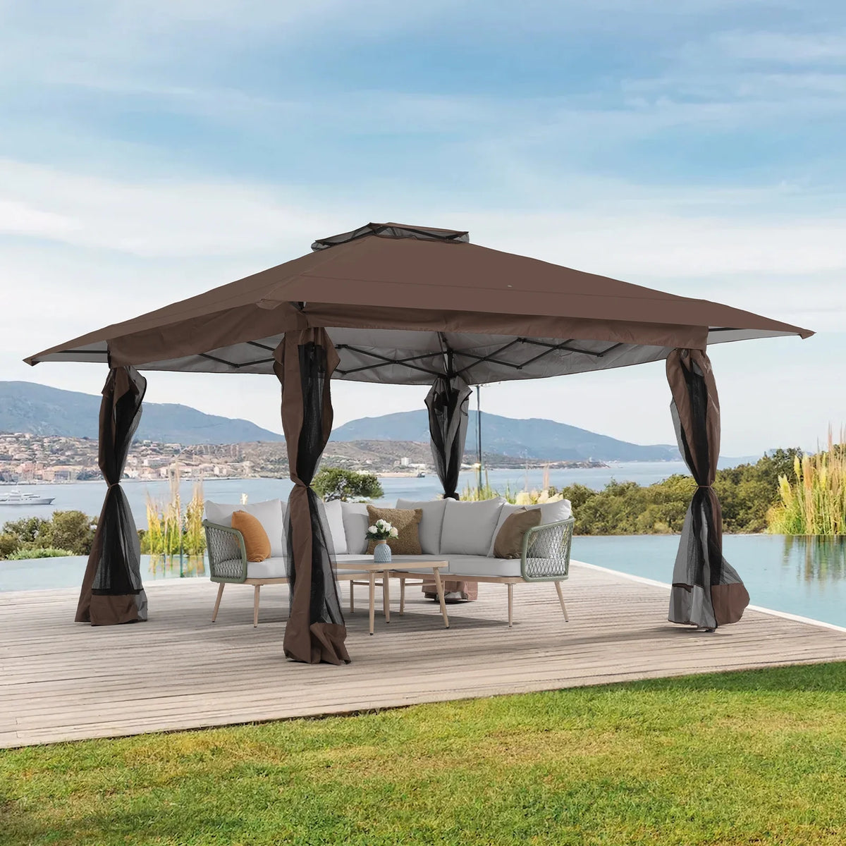 13'x13' Pop Up Gazebo with Netting Walls and Vented Roof Canopy, Beige J915