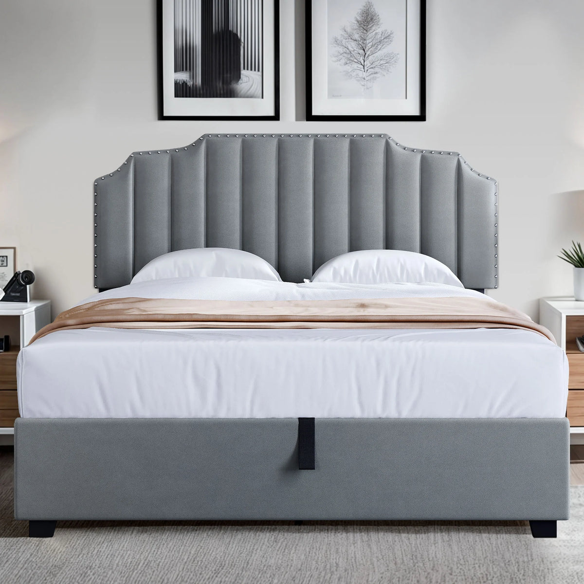King Lift Up Storage Velvet Upholstered Platform Bed Frame L56597