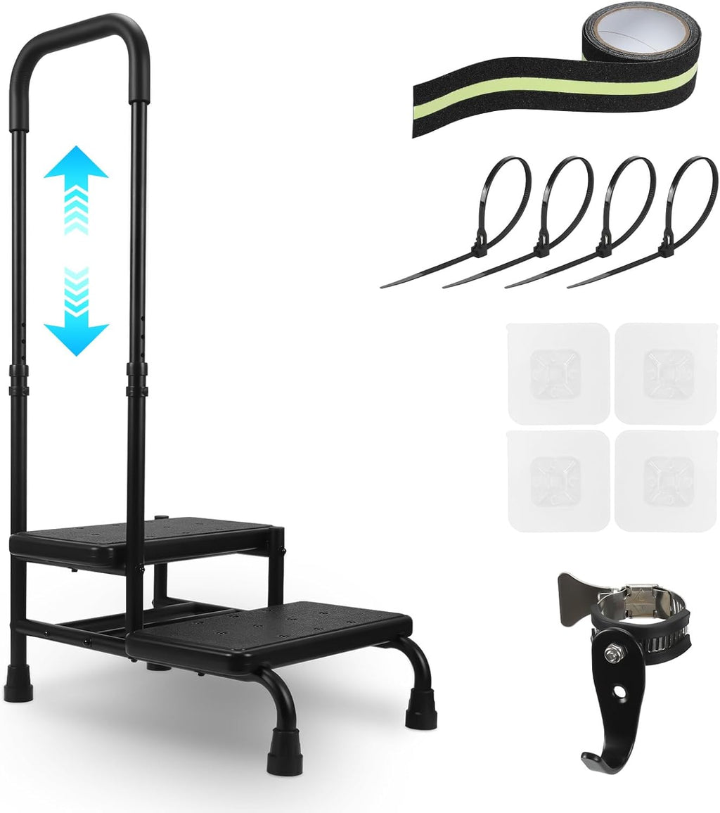2 Step Stool with Handle, Heavy Duty Step Stool with 4 Fixing Buckle and Adjustable Handrail U1434