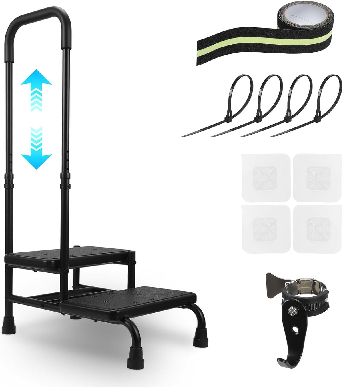 2 Step Stool with Handle, Heavy Duty Step Stool with 4 Fixing Buckle and Adjustable Handrail U1434