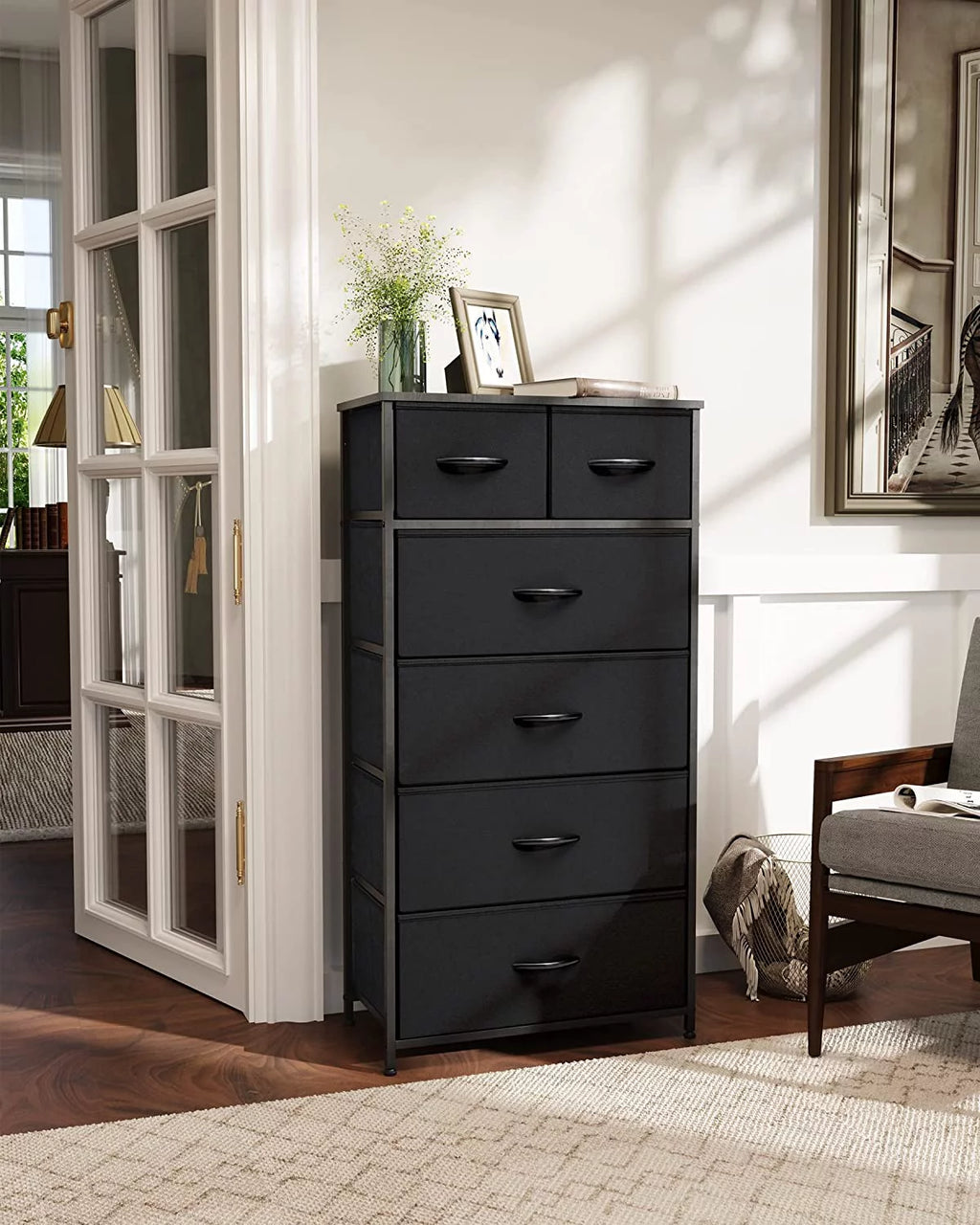 Black 6 Drawer Fabric Dresser C7545