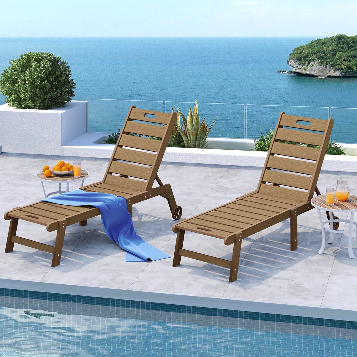 Brown Weather Resistant Poly Resin Chaise Lounge Chair with Wheel U773