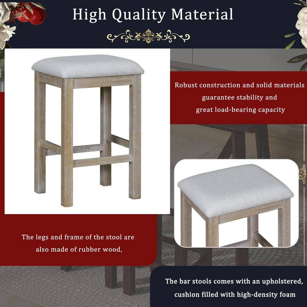 Natural Wood Wash Dining Bar Table Set with 3 Upholstered Stools P517029