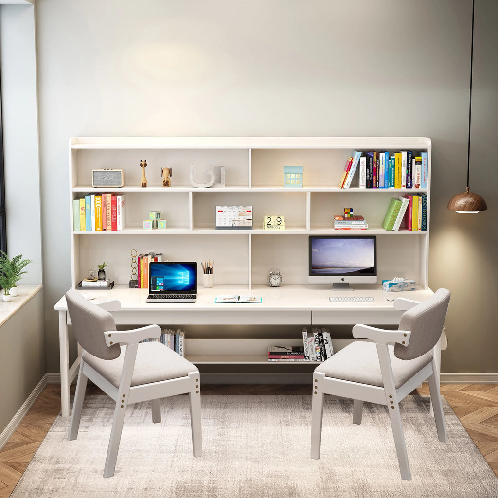 White Wooden Kids Desk and Chair Set with Hutch U480507