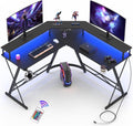 Black L Shaped Gaming Desk with LED Lights and Power Strip K708722